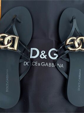Dolce & Gabbana Black Sandals with Gold DG Emblem